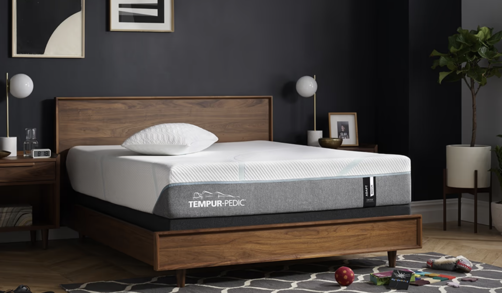 TEMPUR-PEDIC mattress on a wooden bed frame in a modern bedroom setting with decorative wall art, bedside lamp, and plants, emphasizing comfort and style.