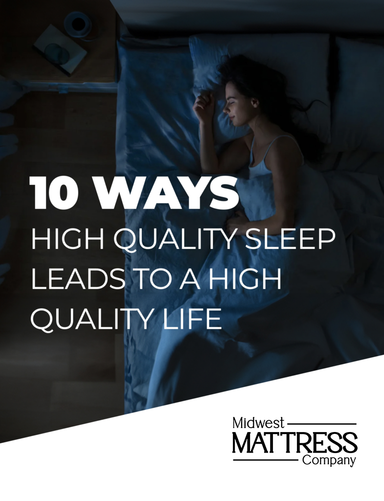 Woman sleeping peacefully on a bed, with text overlay "10 Ways High Quality Sleep Leads to a High Quality Life," featuring Midwest Mattress Company branding.