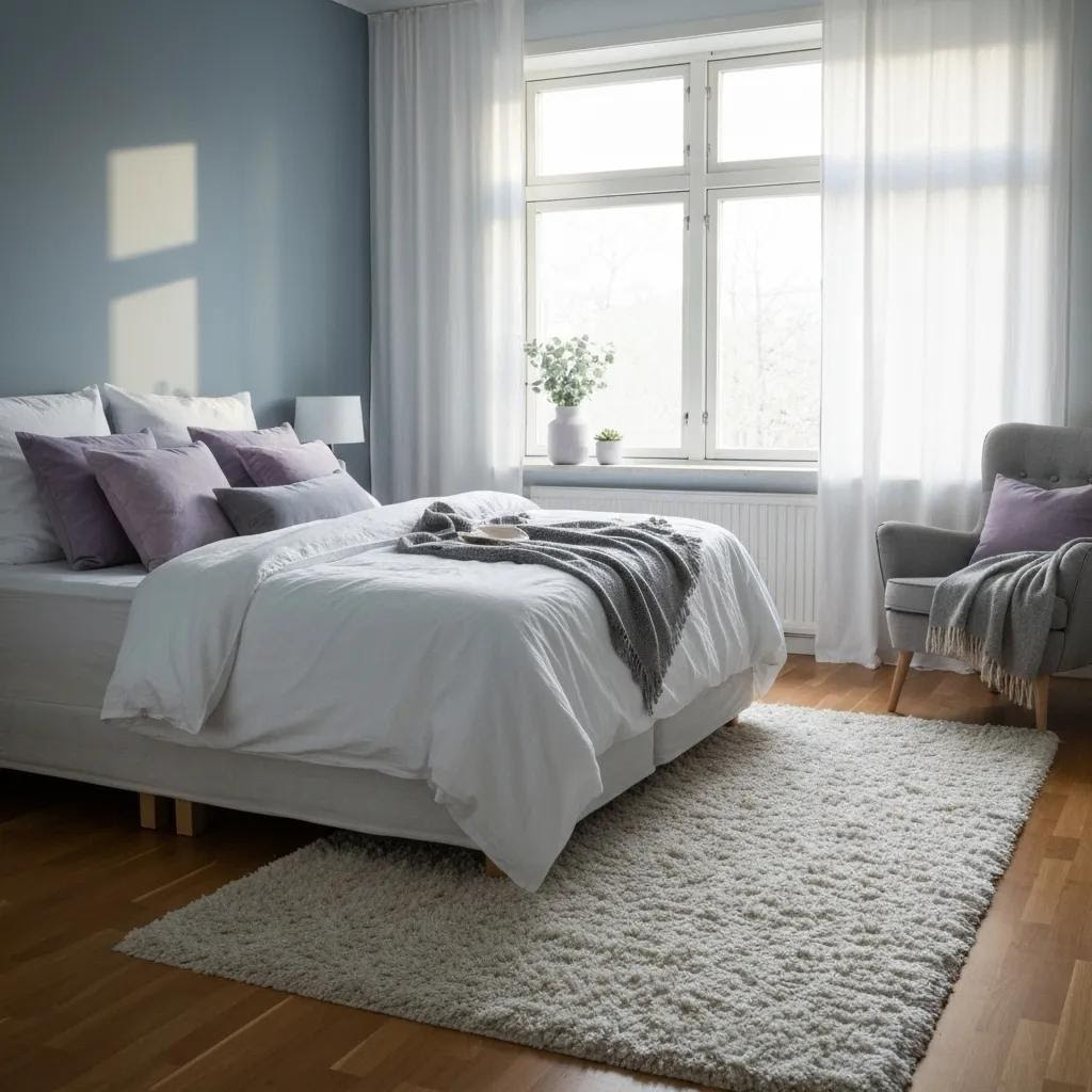 Cozy bedroom featuring a white bed with purple pillows, soft blanket, and a plush rug, complemented by natural light from a window with sheer curtains, ideal for promoting restful sleep and comfort.