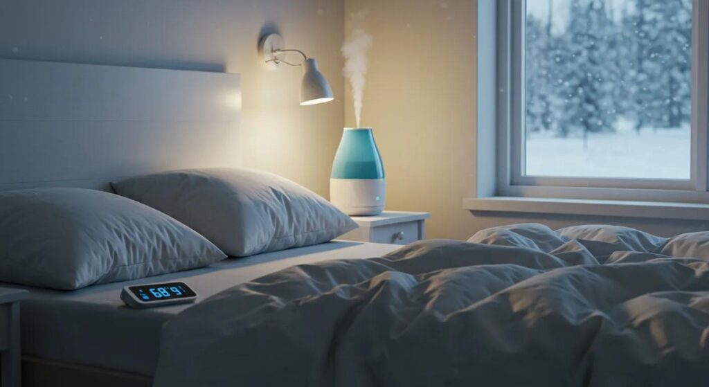 Cozy winter bedroom with white bedding, digital clock displaying 68°F, and a humidifier emitting steam, set against a snowy outdoor view.