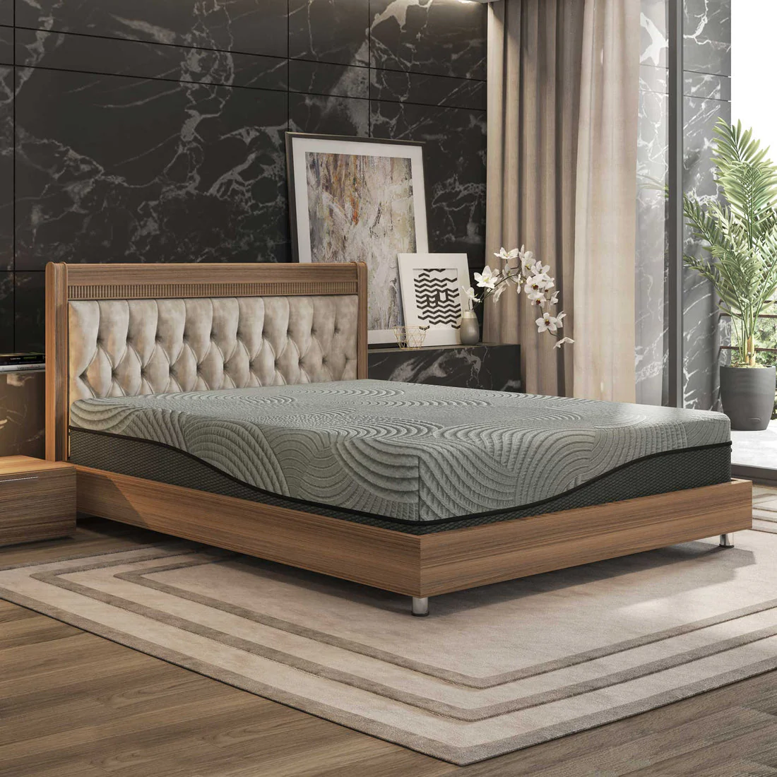 BedTech Solis Split Head Adjustable Bed with tufted headboard and textured mattress, set in a modern bedroom with decorative artwork and plants.
