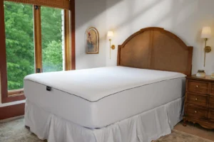 Twin-size DreamCool mattress on a bed frame with a decorative headboard, featuring a light-colored cover and a neatly arranged bed skirt, in a well-lit room with large windows and wooden furniture.
