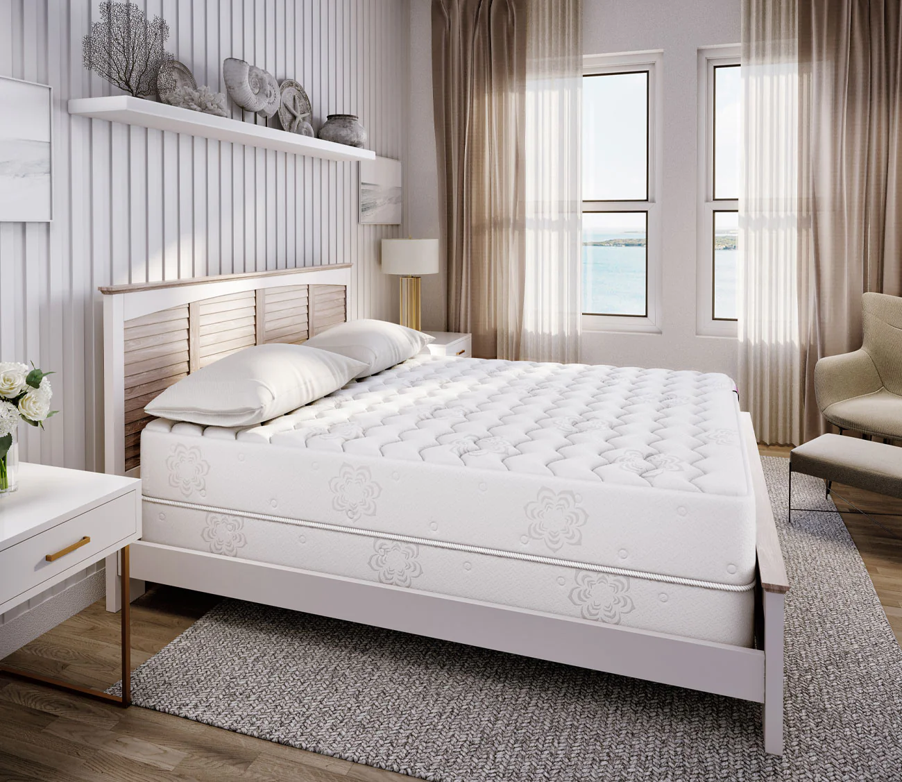 Dharma Select Plush mattress on a stylish bed frame in a bright, modern bedroom setting with natural light and decorative elements.