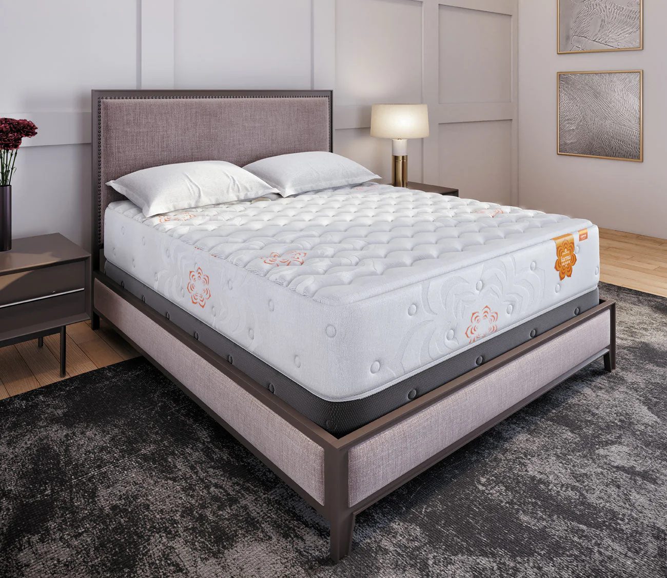 Karma Elite Hybrid Firm mattress on a modern bed frame, featuring plush white surface and cooling layers, in a stylish bedroom setting.