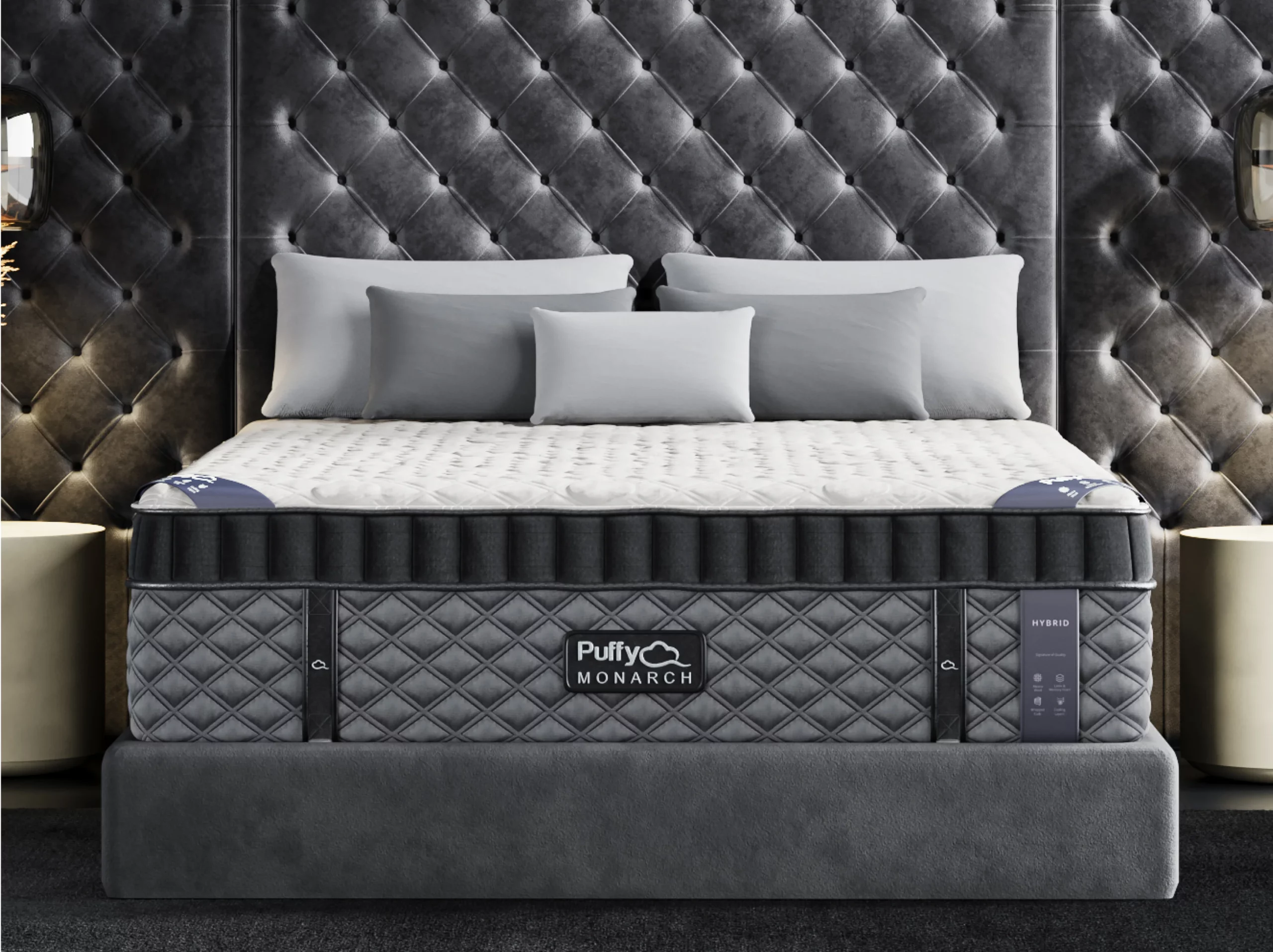 Puffy Monarch Hybrid 2.0 mattress displayed on a stylish upholstered bed, featuring a quilted cover, multiple pillows, and a modern design, emphasizing comfort and luxury.