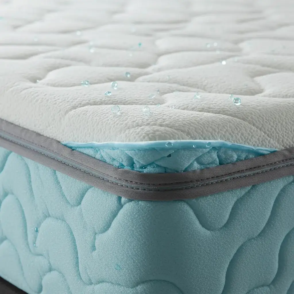 Close-up of a cooling mattress with gel-infused foam and breathable fabric for hot sleepers