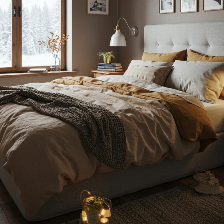 Cozy winter bedroom setup featuring layered bedding in warm tones, with a snowy landscape visible through a window, emphasizing comfort and seasonal sleep environment.