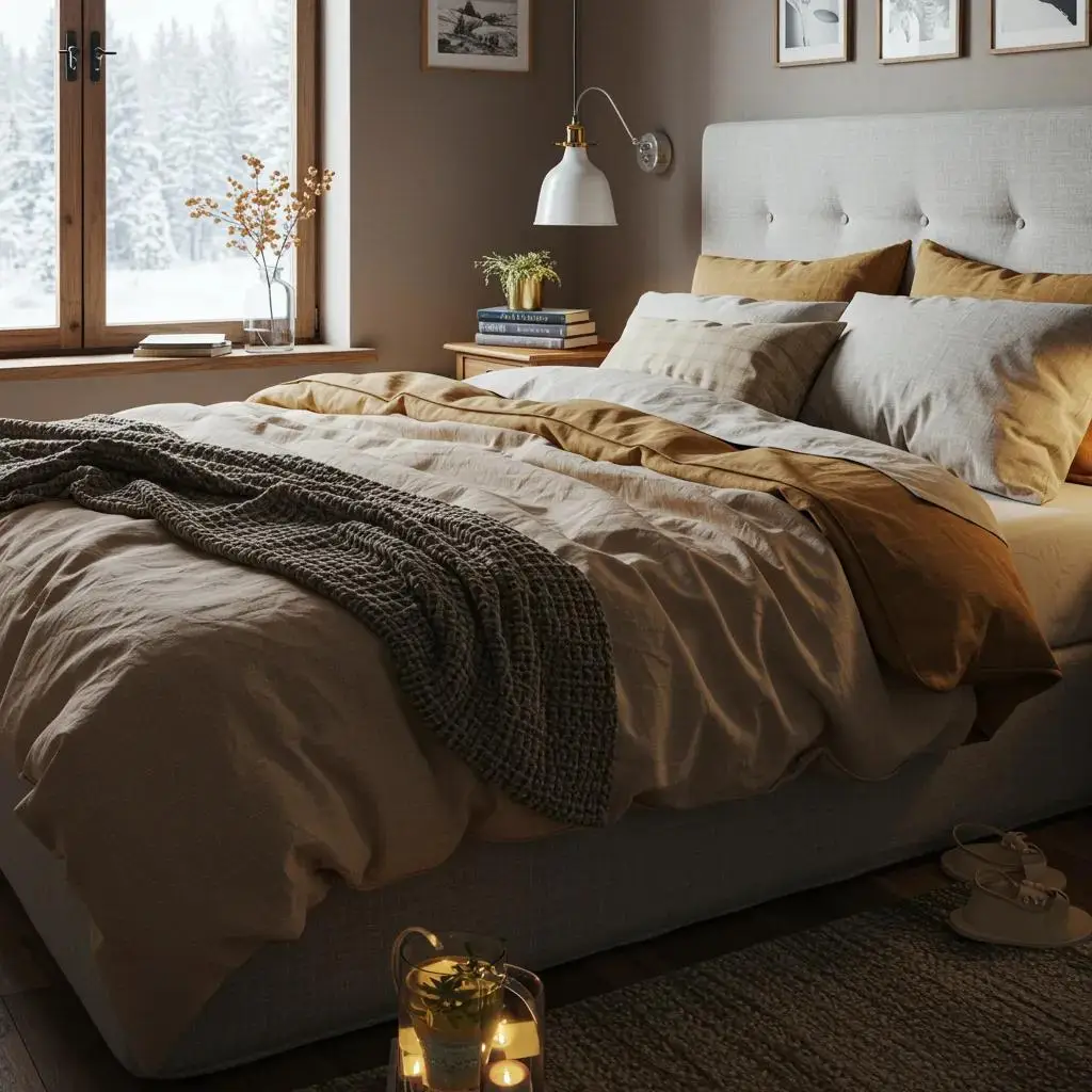 Cozy winter bedroom setup with layered bedding and snowy landscape outside