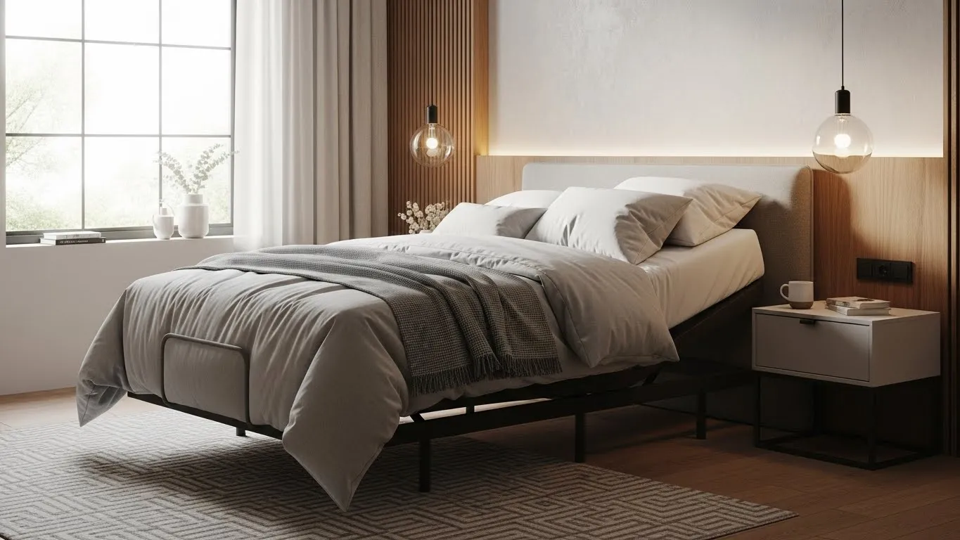 Adjustable bed frame with bedding and decorative elements in a modern bedroom setting, illustrating comfort and sleep enhancement options.