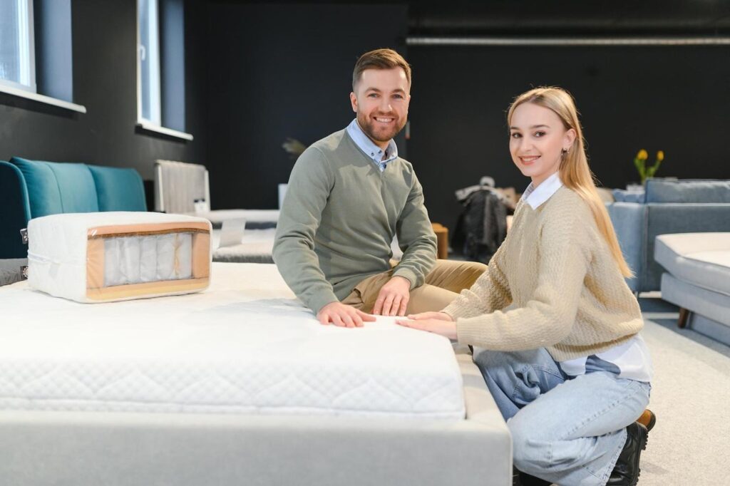 Couple exploring mattress options at Midwest Mattress Company, showcasing flexible financing plans for quality sleep.