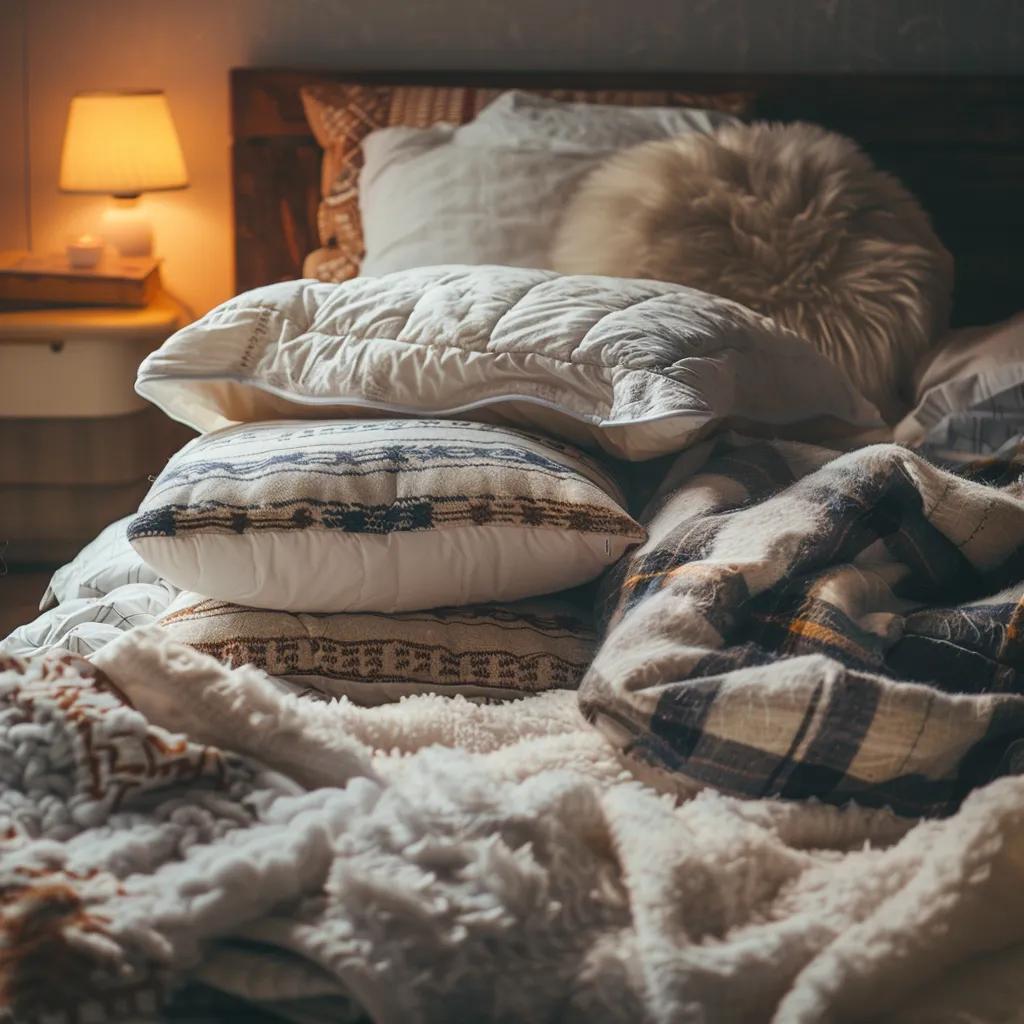 An inviting bed adorned with an assortment of cold-weather bedding accessories, showcasing essential items for ultimate winter comfort. Cozy winter bedding arrangement featuring layered pillows, a quilt, and plush throws, enhancing warmth and comfort for restful sleep.