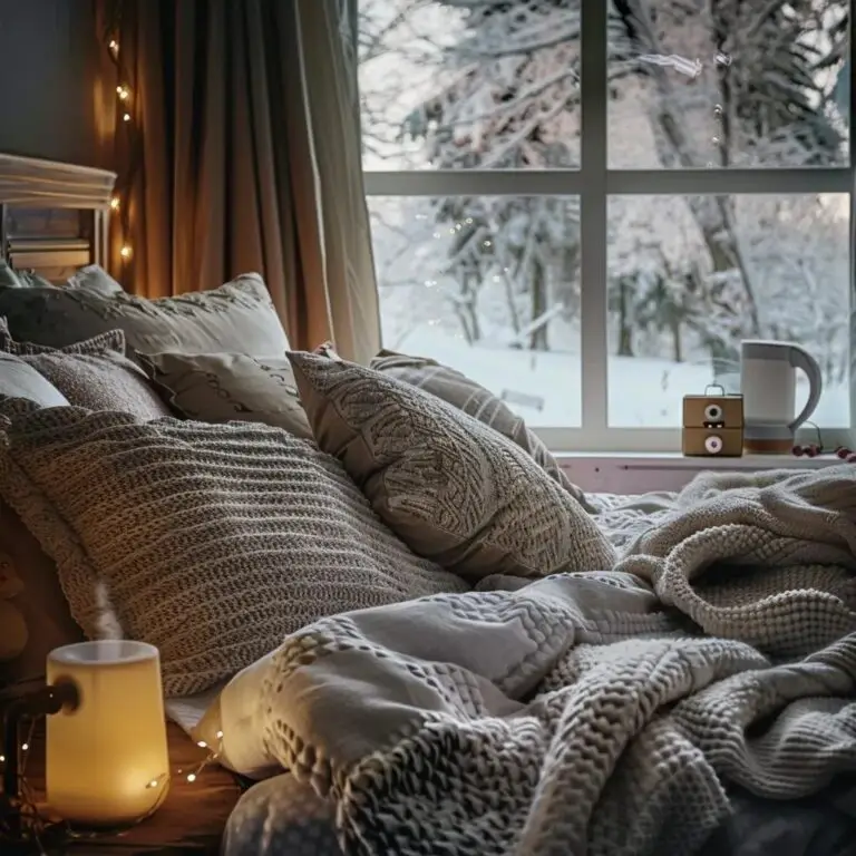 Cozy bedroom scene with layered knit blankets and decorative pillows, soft lighting, and a window showing a snowy landscape, evoking warmth and comfort for winter sleep.