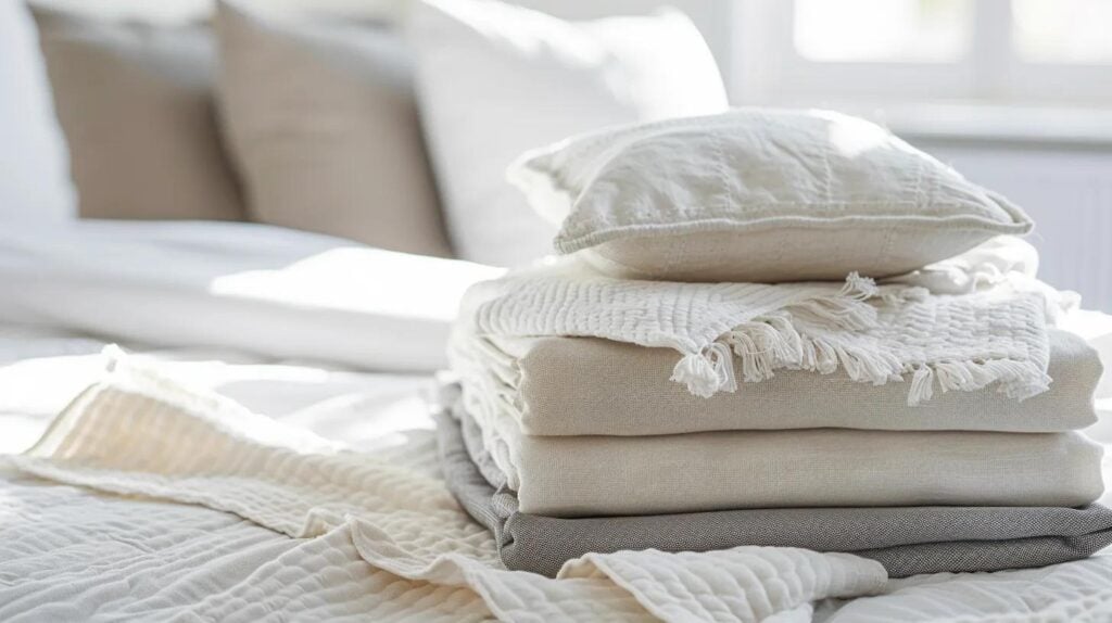 Stack of neutral-colored bedding, including cotton and linen sheets and a decorative pillow, arranged on a bed, highlighting eco-friendly and luxury bedding trends.