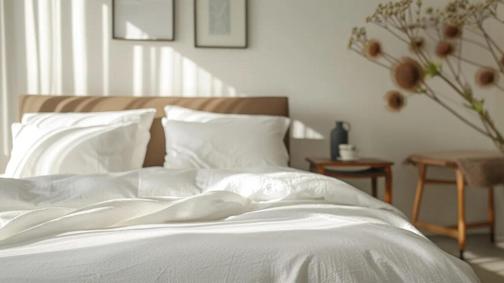 Cozy bed with white organic cotton sheets and pillows, natural light filtering through curtains, highlighting a serene bedroom setting with a minimalist aesthetic.