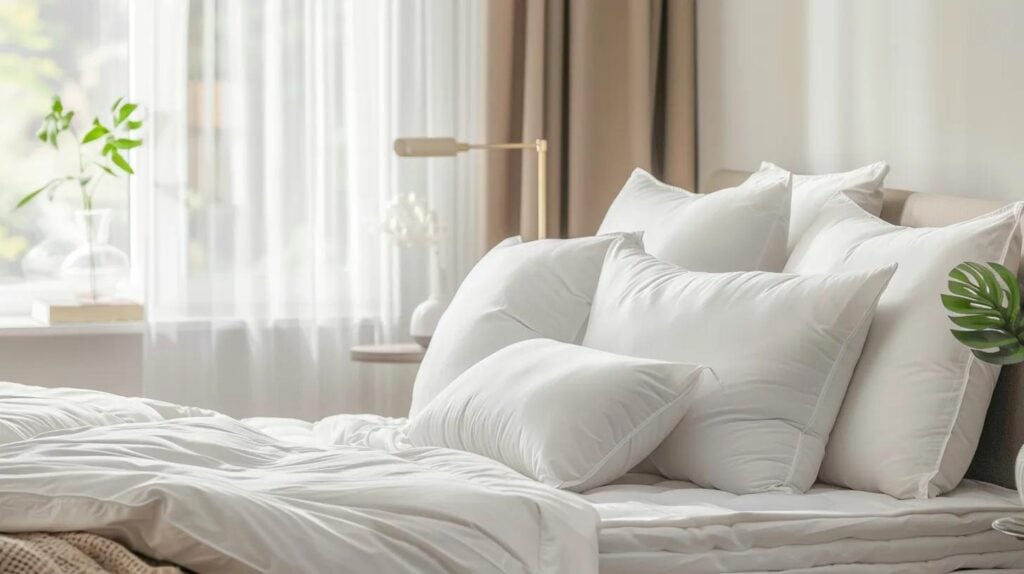Side profile view of bed pillows in different loft heights showing proper neck and spinal alignment in a bright, neutral bedroom setting.