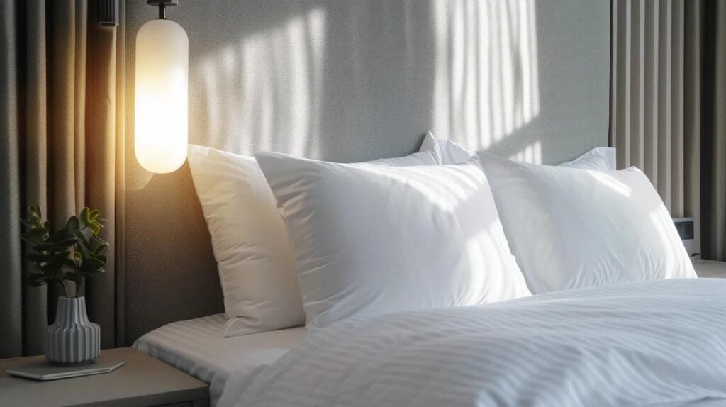 Modern bedroom scene featuring a premium pillow with adjustable fill and cooling technology, styled on a neatly made bed with soft natural lighting.